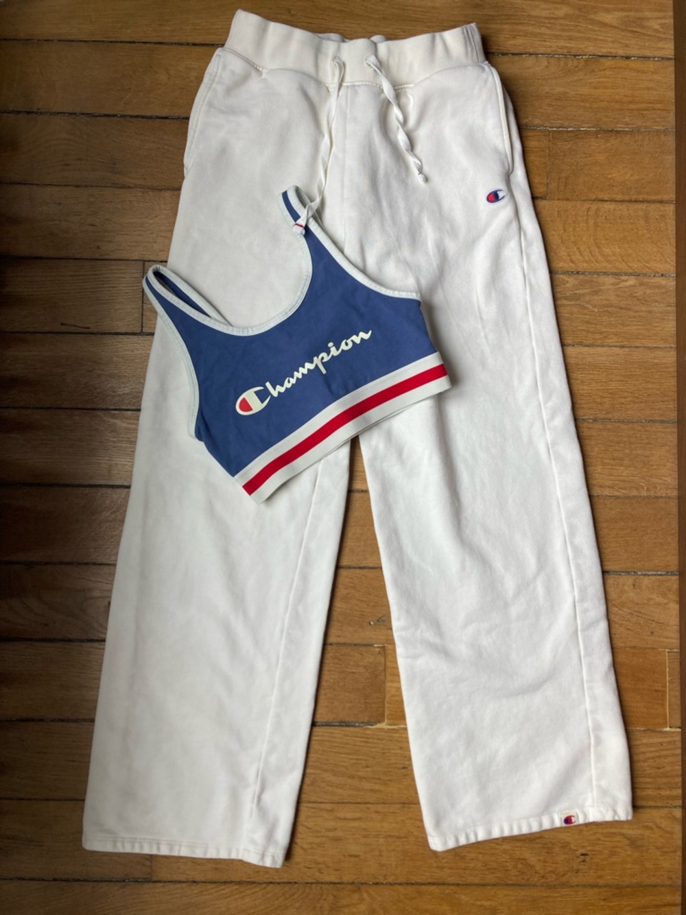 Champion Navy Blue Sports Bra with White & Red Stripe + White Sweatpants